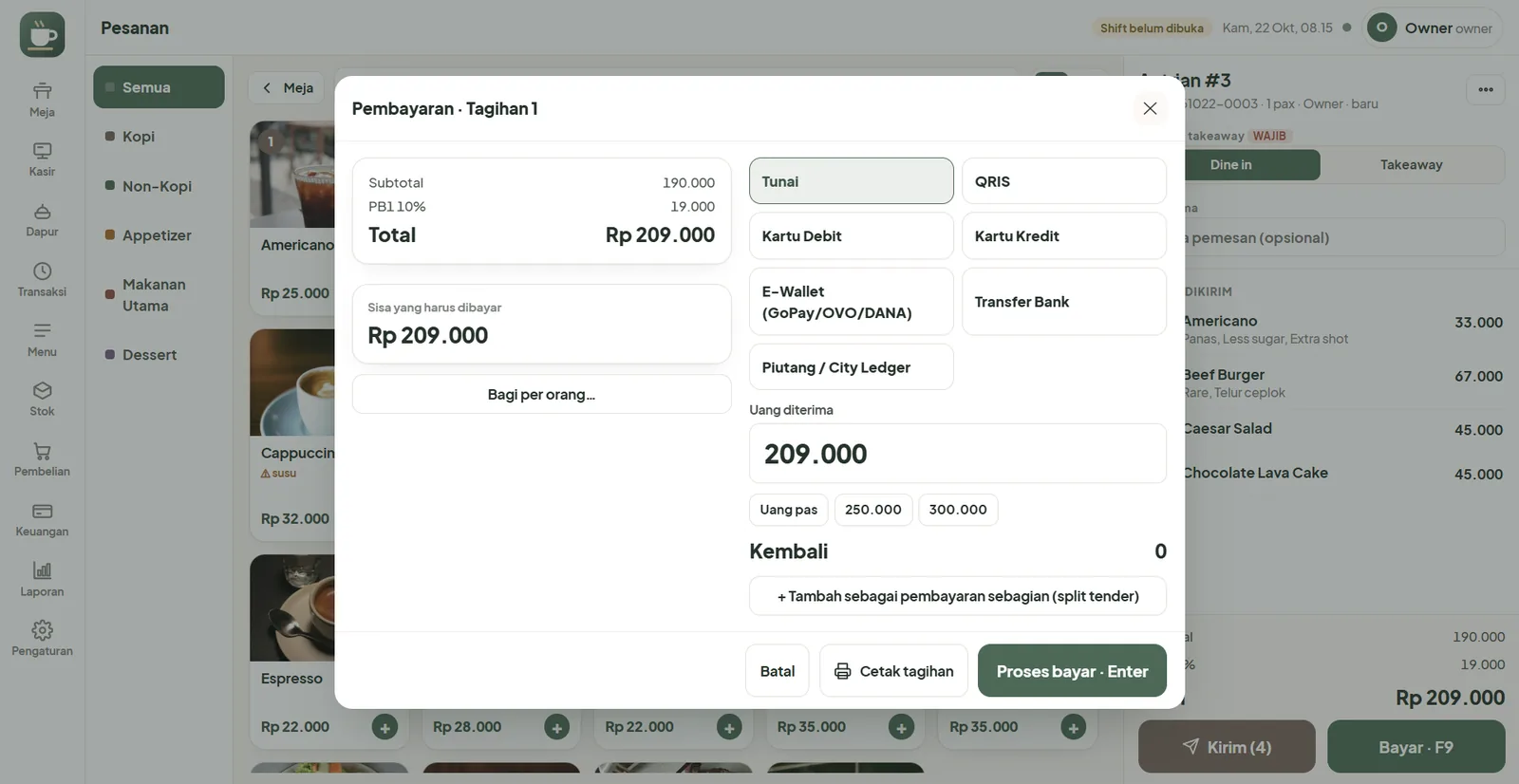 Split bill & semua metode bayar