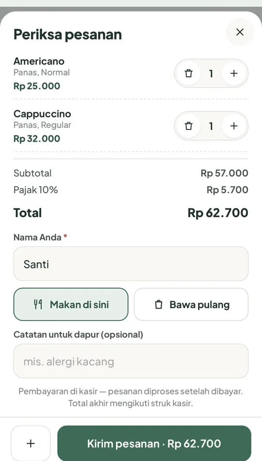 Tamu pesan sendiri dari kiosk di HP